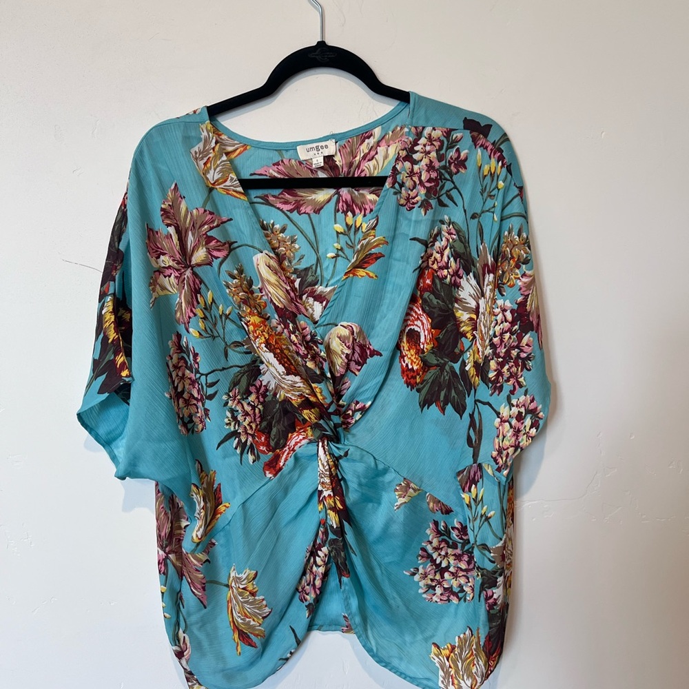 Umgee Floral Kimono Sleeve Top - Teal Size Large